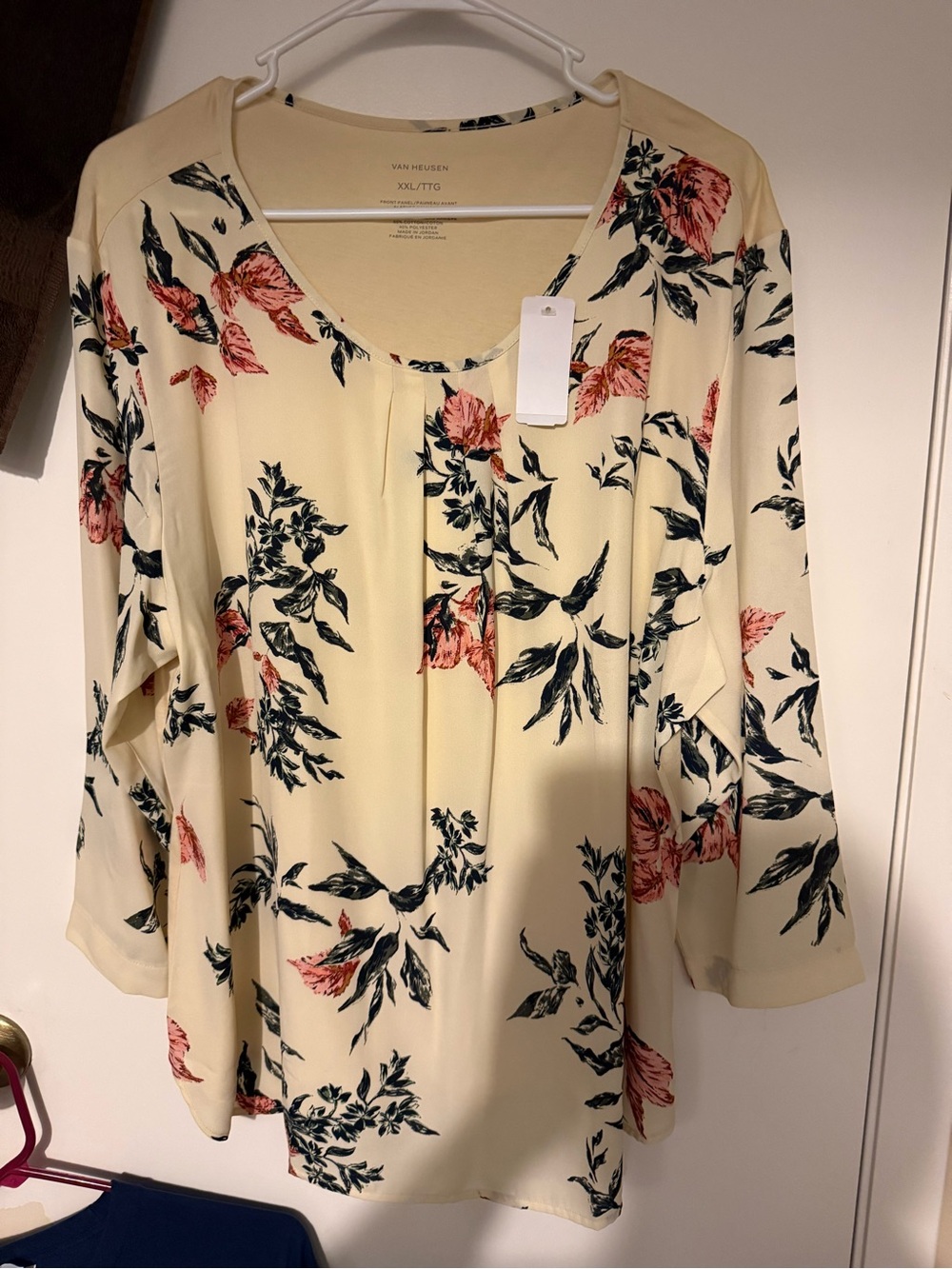 Floral Pleat Front Long Sleeve Top - Ivory with Pink Floral NWT xxl
